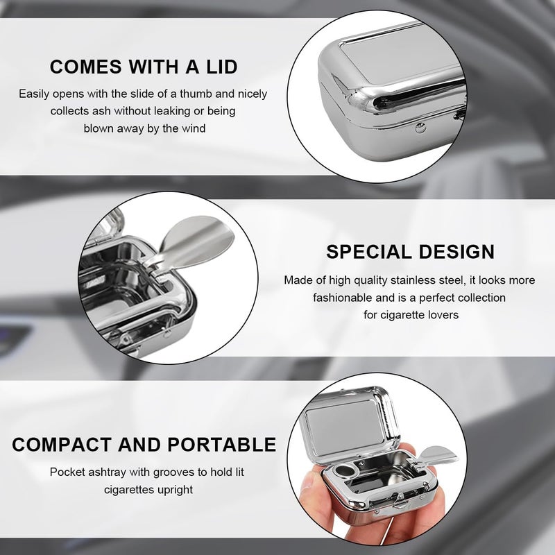 FSTURIOS Portable Ashtray, Windproof Creative Pocket Ashtray Car Ash Tray with Lid, Stainless Steel Mini Compact Cigarette Snuffers, Waterproof Cigar Ash Tray for Car Office Travel (Silver) - Image 3